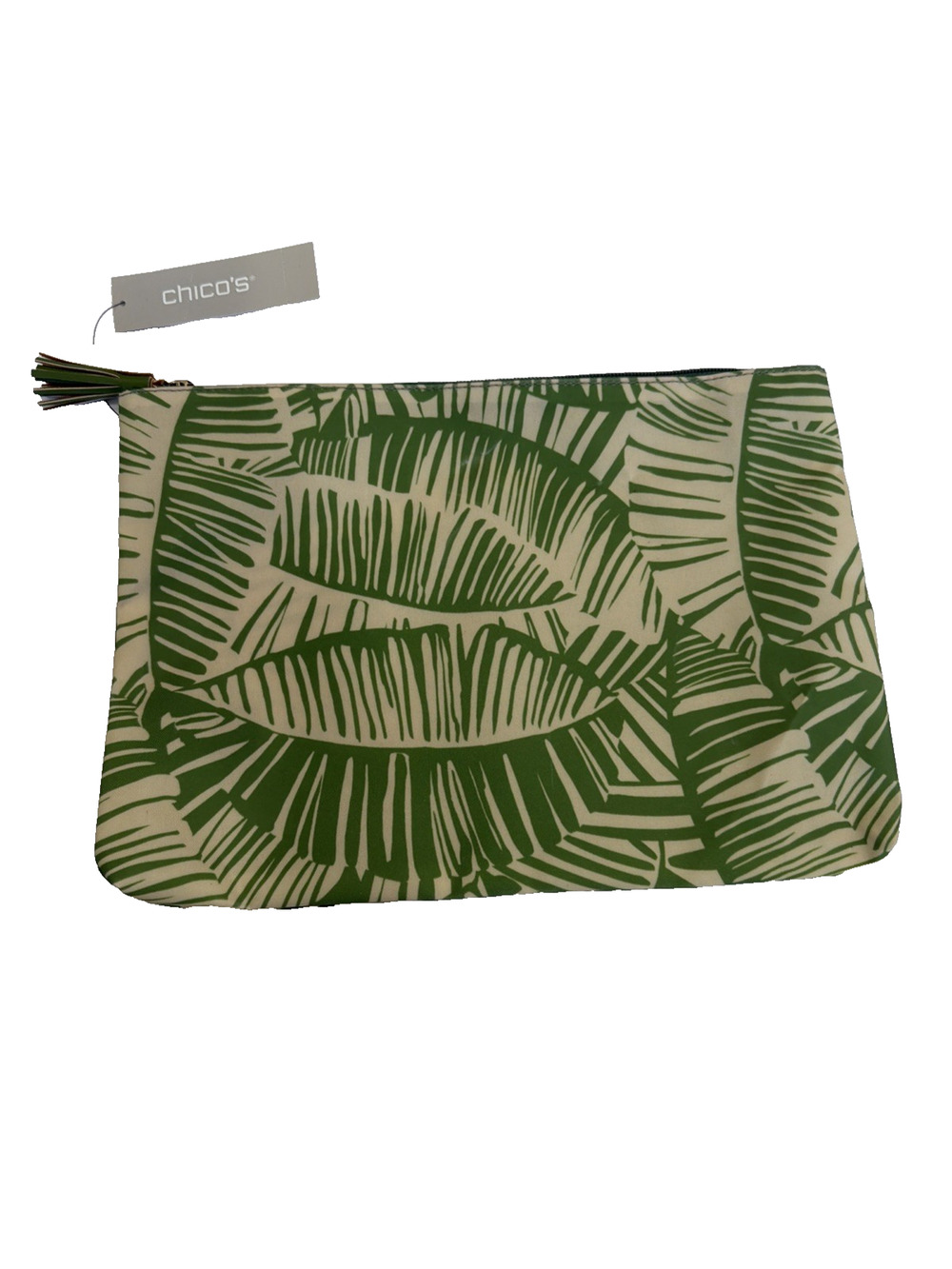 Chico's Green Palm Leaves Palm Fronds Cosmetic Bag New With Tags Tassel